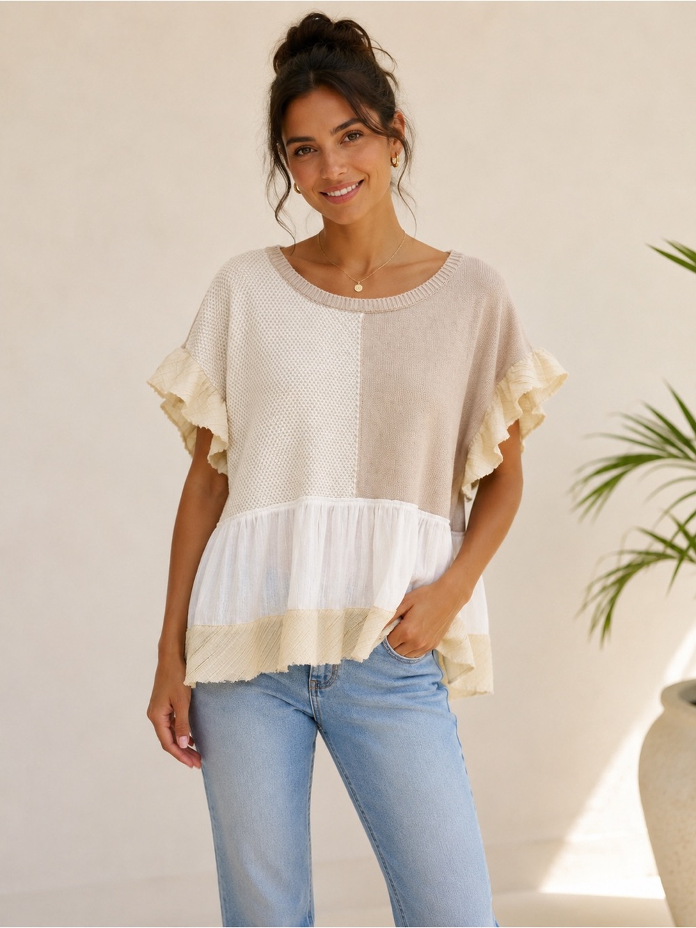 Boutique Colorblock Knit Mixed Media Ruffle Sleeve Babydoll Top Boho Cream Beige